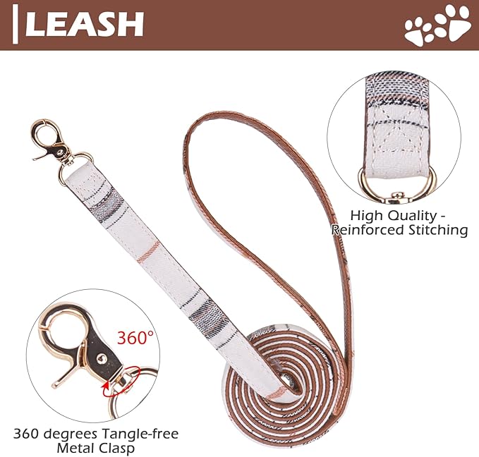 EXPAWLORER Dog Collar and Leash - Embroidery Pawprints Plaid Medium Dog Collars and Leash Set, Cute Bandana and Detachable Collar, Suitable for Small Dogs Cats Girl Boy, Cream M