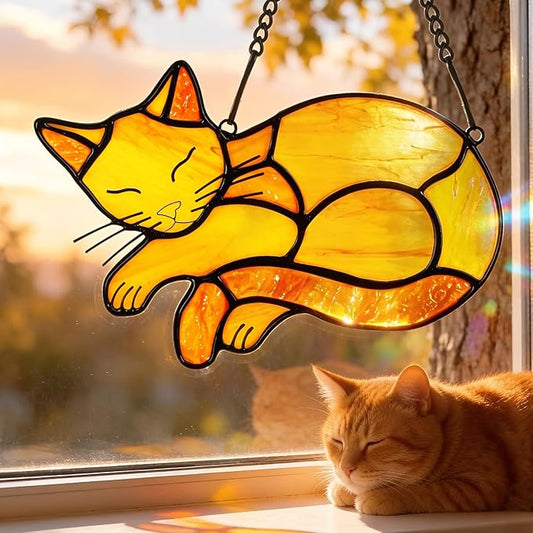 Orange Cat Memorial Suncatcher,Handmade Stained Glass Window Haninging Ornament for Home Decor,Memorial Gifts for Pet Lovers,Pet Loss Sympathy Gift