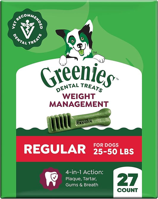 Greenies Veterinarian-Recommended Adult Natural Dental Dog Treats Regular Size, Weight Management Dog Dental Chews, 27 oz. Pack, 27 Count