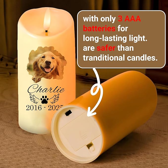 Personalized Dog Memorial LED Candle – Custom Remembrance Gift for Pet Loss, Battery Flickering Electric Candle, Bereavement Gift for Dog Lovers