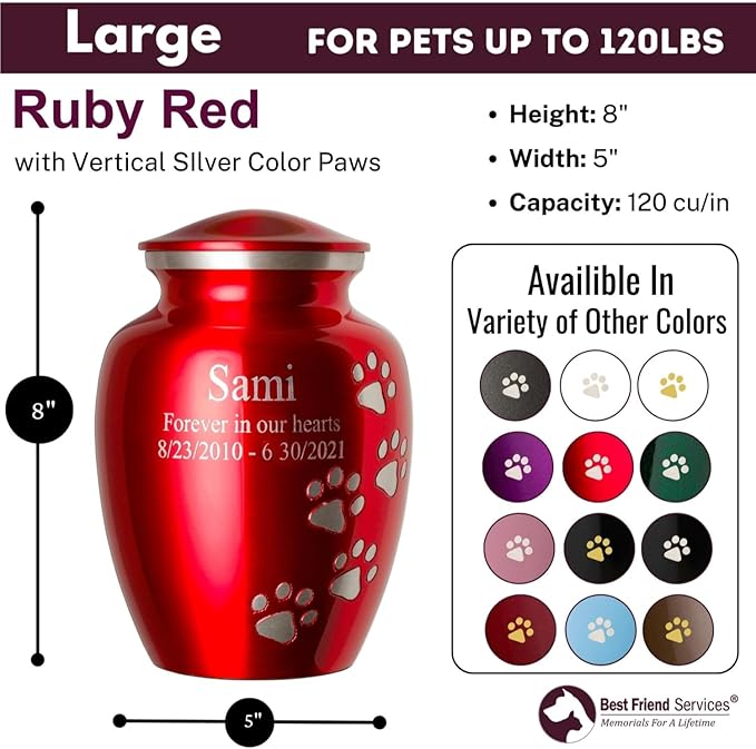 Ottillie Paws Premier Series Pet Urn for Dogs with Personalized Laser Engraving (Large - Pets up to 115 lbs, Ruby Red with Vertical Pewter Paws)