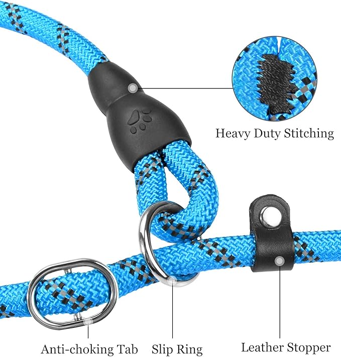 TagME Slip Leads for Dogs that Pull, 6 FT No-Pull Training Leash with Lock, Escape-Proof Design, Reflective & Padded Handle for Large Dogs, Blue