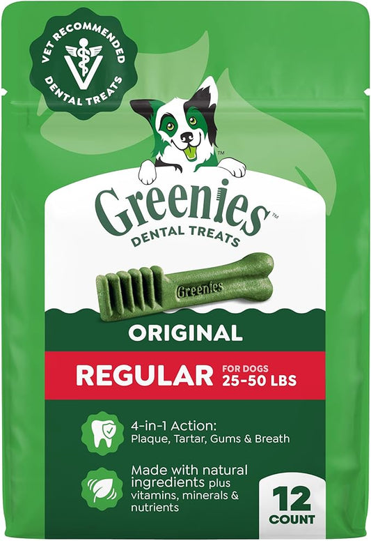 Greenies Veterinarian-Recommended Adult Natural Dental Dog Treats Regular Size, Dog Dental Chews, Original Flavor, 12 oz. Pack, 12 Count