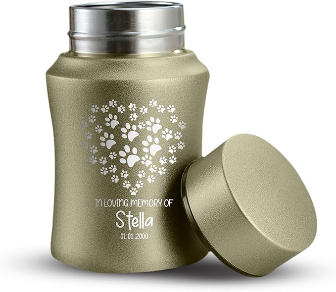 Customized Small Keepsake Urn Personalized Engraved with Pet Name, Date, and Dog Design - 4" Powder Coated Cremation Mini Compact Urn for Dogs Ashes | 5–10 Lbs Capacity | Washed Gold, Paw Print Heart