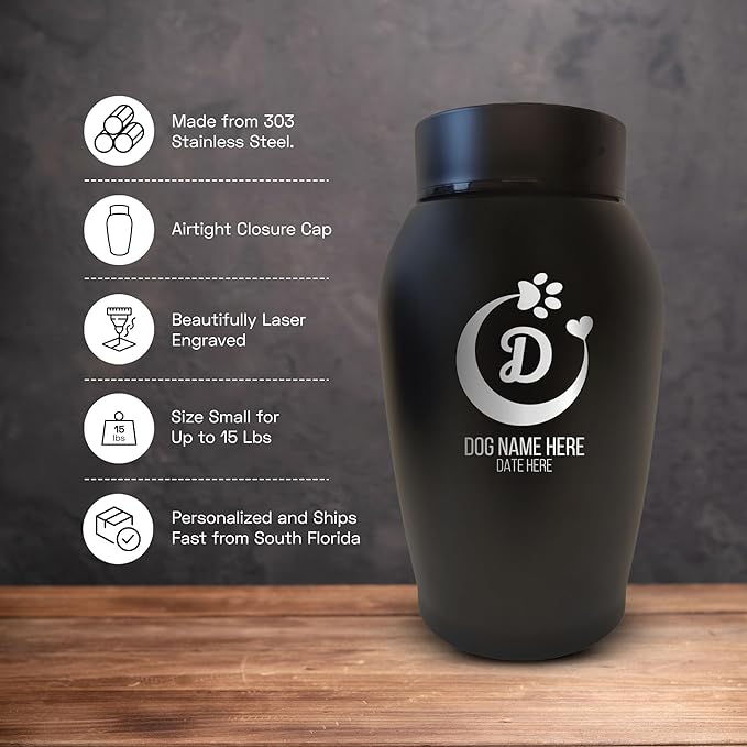 Personalized Custom Small Keepsake Urn Engraved with Pet Name, Date, and Dog Design - 5.2" Black Powder Coated Steel Cremation Urn for Dogs Ashes | 12-16 lb Capacity, Crescent Paw and Heart