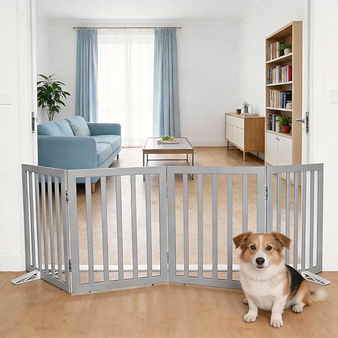 Dog Gate Indoor, Freestanding Dog Fence for The House, Doorways, Hallways,or Stairs,Pet Gate Foldable Wooden,Expandable 24" Height 4 Panels,Grey