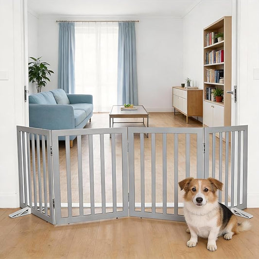 Dog Gate Indoor, Freestanding Dog Fence for The House, Doorways, Hallways,or Stairs,Pet Gate Foldable Wooden,Expandable 24" Height 4 Panels,Grey