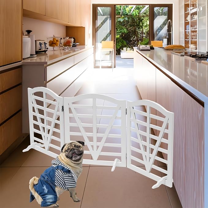 Wooden Dog Gate Freestanding Pet Gate Foldable Pet Gate for Dogs,Indoor Dog Fences with 3Foot Supportershite,3Pane 23.6" Height-White.