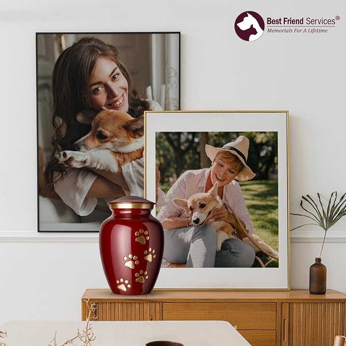 Ottillie Paws Legacy Series Pet Urn for Dogs, Handmade Brass Memorial Cremation Urn (X-Large - Pets up to 170 lbs, Crimson, Brass Vertical Paws)