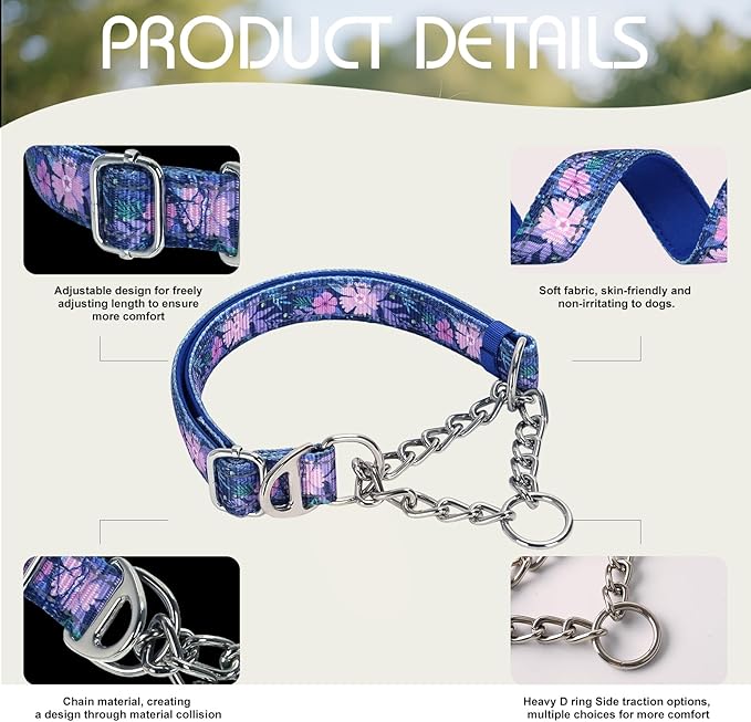 Martingale Dog Collar for XXL Dogs,Heavy-Duty Collar with No Buckle Adjustable Reflective Strap & Chain Martingale Collar for Training & Walks (Boho XXL)