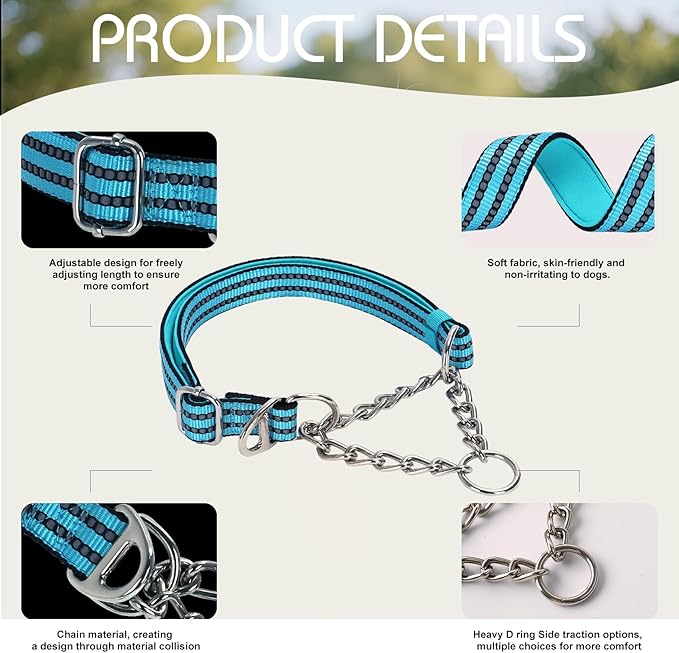Martingale Collar for Dogs,Heavy Duty No Pull Dog Collar with Reflective Nylon, Adjustable Choke Chain Collar with Soft Padded Training Collar for Large/Medium Dogs (Blue L)