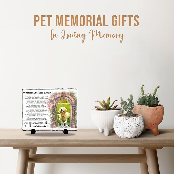 Personalized Dog Memorial Stone – Waiting at The Door Poem | Custom Photo Plaque for Dog or Cat Loss | Pet Remembrance Stone for Grave or Garden | Memorial Gifts for Pet Lovers