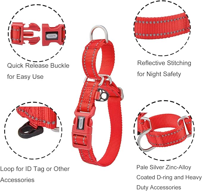 Reflective Martingale Collar for Dogs with Quick Snap Buckle Anti-Pull Nylon Safe Slip Collars for Easy Walking,Red,Small