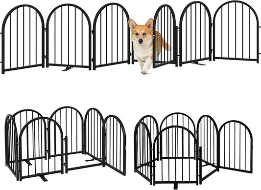 Full Metal Dog Gate with Door for Indoor Outdoor, 24" Tall Free Standing Pet Dog Fence, 108" Extra Wide Pet Gates for Stairs, Hallways, Doorways, Kitchen, Decks, Yards (Black, 6 Panels)
