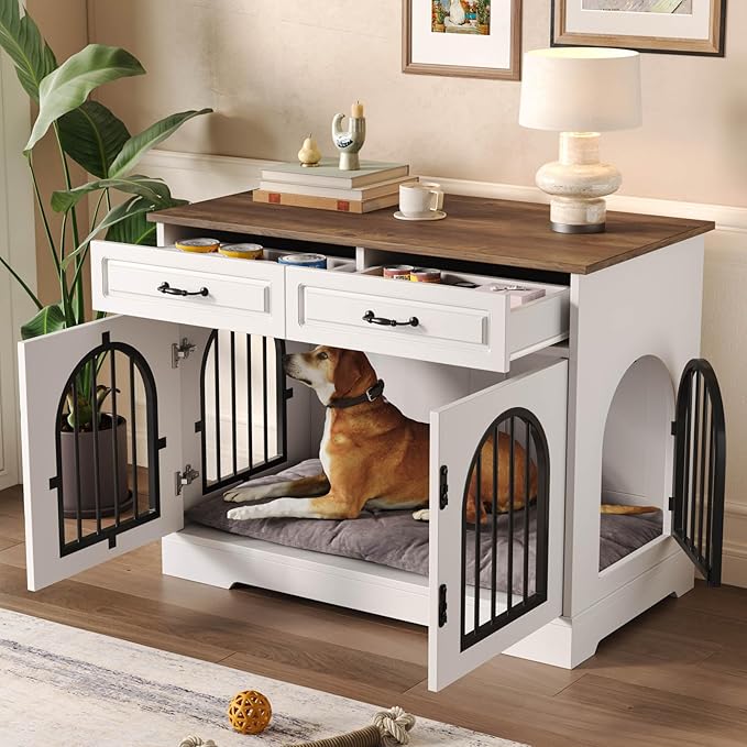 43.3" XL Dog Crate Furniture for Small and Medium Dog, Heavy Duty Indoor Dog Kennel with 2 Storage Drawers, Wooden Decorative Dog Cage with Side Doors, End Table Dog Crate, White
