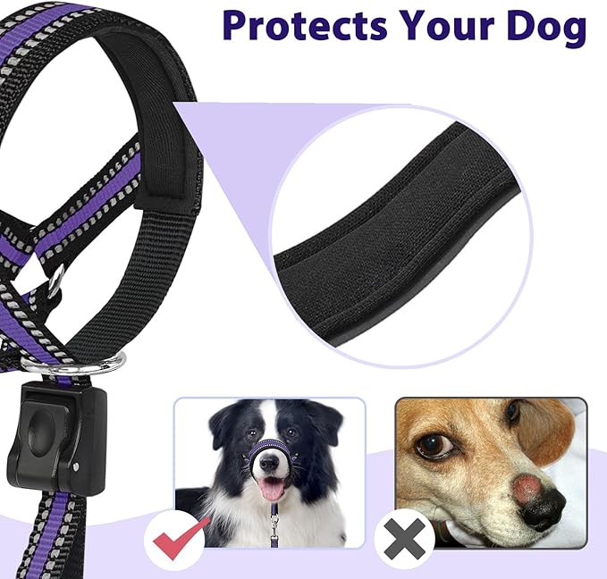 BARKLESS Soft Dog Head Collar, Patented Padded No Pull Head Halter, Training Nose Leash with Safety Link for Medium Large Dogs, Adjustable Muzzle Leash, Easy Control for Walking (M, Purple)