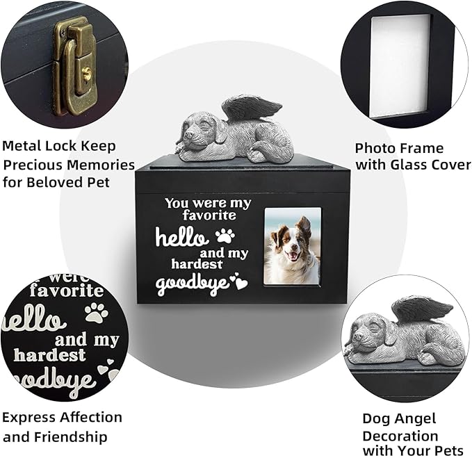 Dog Urns for Ashes Up to 100 lbs, Premium Wooden Pet Urns for Dogs with Memorial Photo Frame and Resin Statue, Dog Urn Sympathy Gift for Both Large Midium Golden Retriever, Labrador, Shepherd