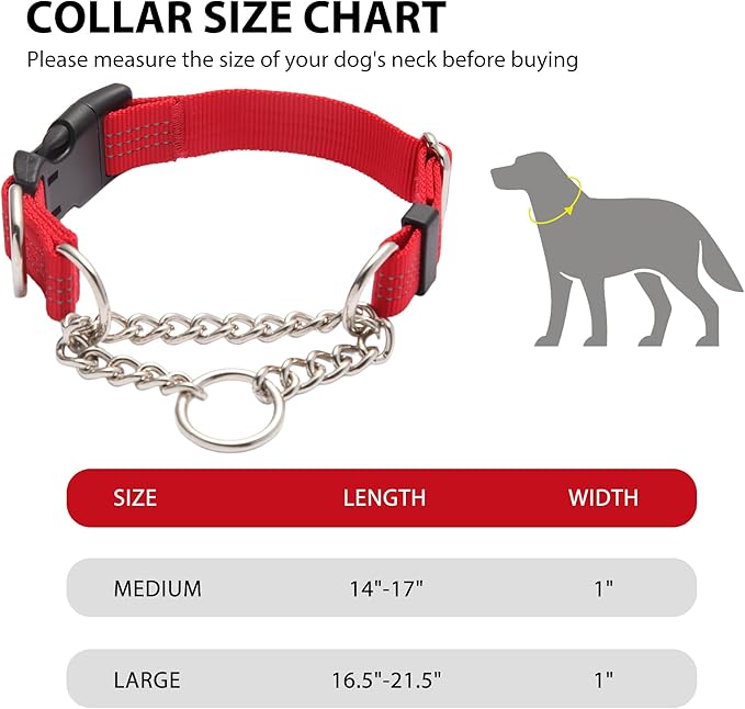 Martingale Dog Collar with Quick Release Buckle Steel Chain No Pull Training Reflective Collar for Medium Large Dogs(Red, Large)