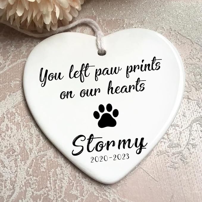 Personalized Pet Memorial Ornament for Dog or Cat - You Left Paw Prints on Our Hearts - Heart Ceramic Ornaments Hanging Decoration for Christmas Tree