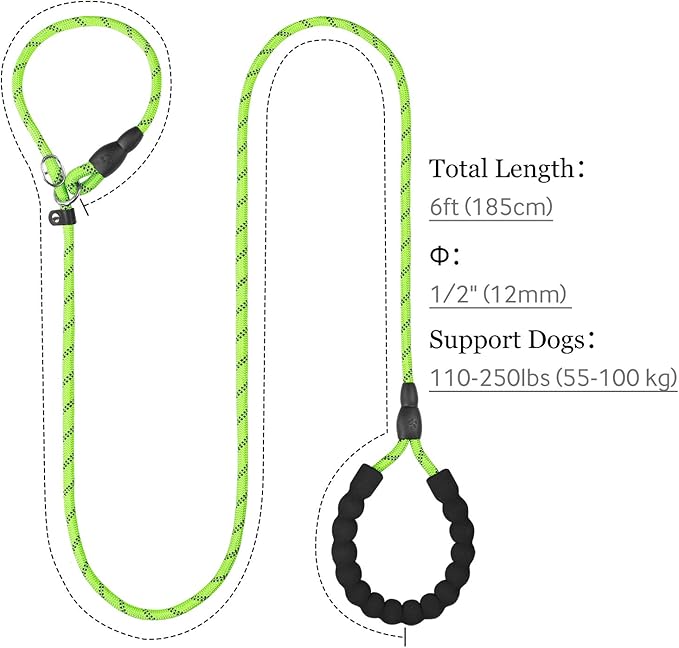 TagME Slip Leads for Dogs that Pull, 6 FT No-Pull Training Leash with Lock, Escape-Proof Design, Reflective & Padded Handle for Large Dogs, Green