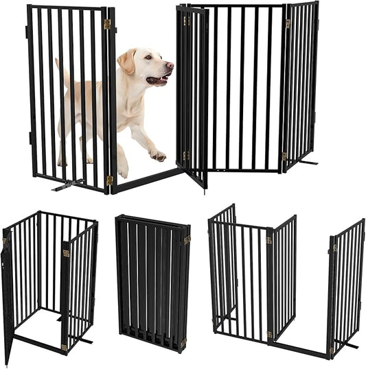 Full Metal Freestanding Dog Gates with Door, 36" Height Dog Fences for Indoor & Outdoor, Extra Wide Foldable Pet Gates for Stairs, Hallways, Doorways, Yard (4 Panels, 80" W × 36" H)