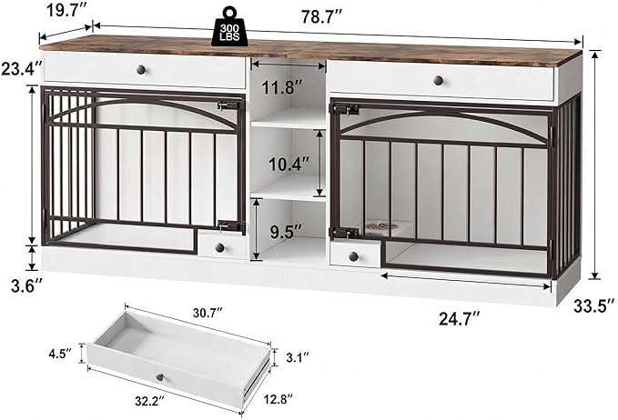 GarveeHome Dog Crate Furniture for 2 Dogs, Dog Kennel Indoor with Storage and Feeding Bowls, Double Dog Crate TV Stand for Small Medium Dogs, White