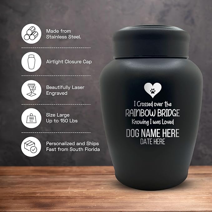 Personalized Custom Dog Urn Engraved Dog Name and Date - Stainless Steel Large Cremation urns for Dogs Ashes with Airtight Closure | up to 150 lbs Capacity | Rainbow Bridge