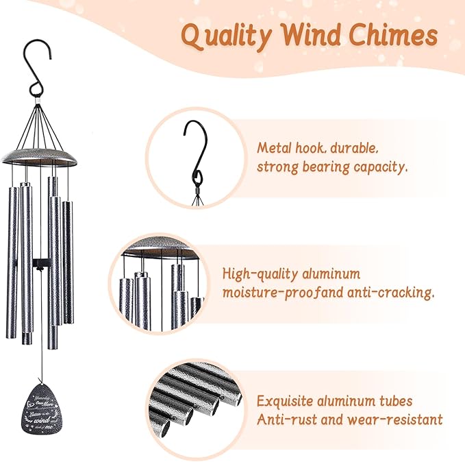 Pet Memorial Wind Chimes - Remembrance and Bereavement Gift for Loss of Dog/Cat with Metal Rose Card, 26" Thicker Aluminum Tubes(0.75") Weatherproof Outdoor Keepsake for Garden
