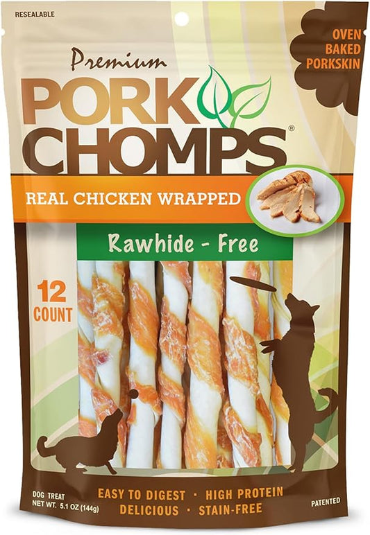 Pork Chomps Baked Pork Skin Dog Chews, 5 Inch Mini Twists, 12 Count - Real Chicken Wrap - Long-Lasting Treats for Dogs - High Protein, Rawhide-Free, Low Fat, Healthy & Delicious Chews