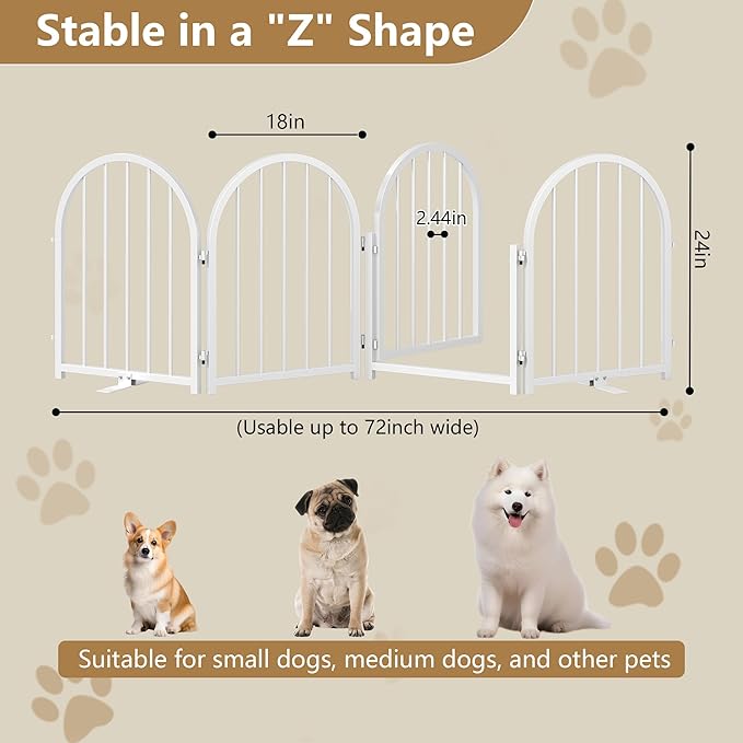 Full Metal Dog Gate with Door for Indoor Outdoor, 24" Tall Free Standing Pet Dog Fence, 72" Extra Wide Pet Gates for Stairs, Hallways, Doorways, Kitchen, Decks, Yards (White, 4 Panels)