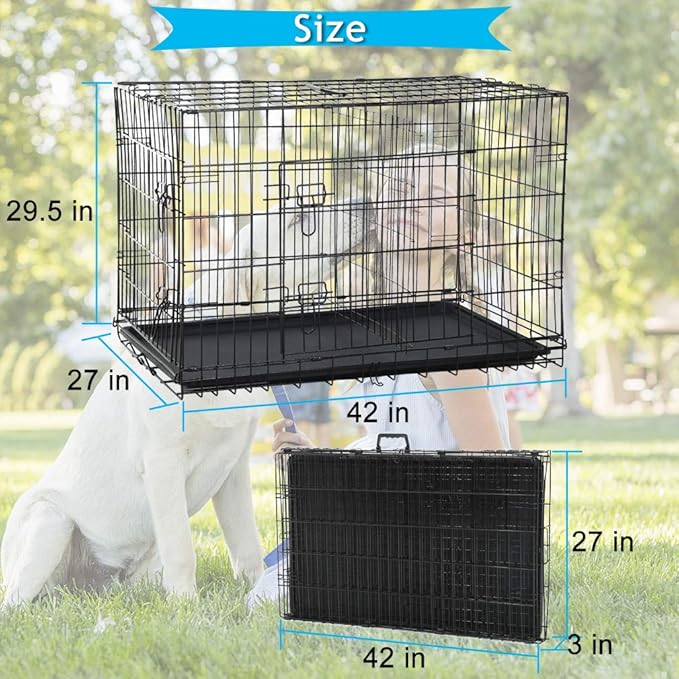 Dog Crate Dog Kennel Cage 42” Portable Foldable Indoor Outdoor Large Double Door Wire Metal Puppy Cat Pet Dog Cage with ABS Tray LC & Divider, Black