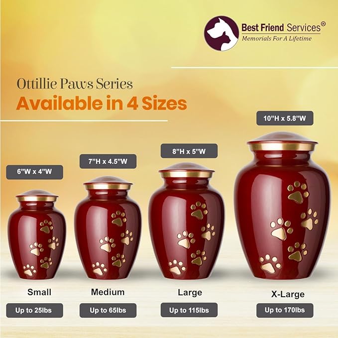 Ottillie Paws Legacy Series Pet Urn for Dogs and Cats, Handmade Brass Memorial Cremation Urn (Small - Pets up to 25 lbs, Crimson, Vertical Brass Paws)