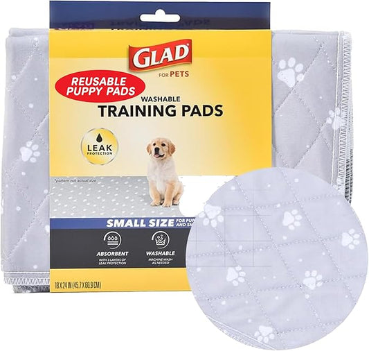 Glad for Pets Reusable Dog Pee Pads, Gray with Paw Prints - Washable Potty Pads for Dogs, Cloth Puppy Potty Training Pads, Puppy Essentials, Waterproof Pet Mats for Floor, 18” x 24”, 2 Count