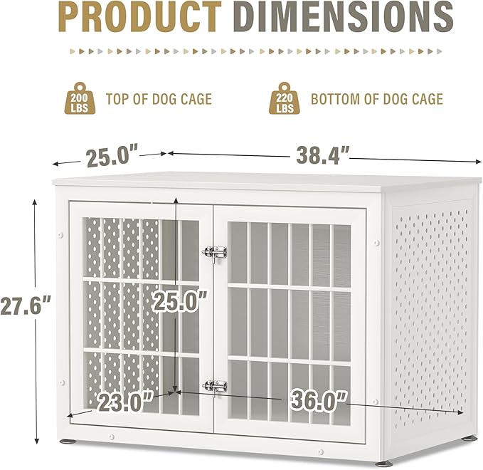 38" Heavy Duty Dog Crate Furniture for Large and Medium Dogs,Wooden Metal Kennel for High Anxiety Dogs, Chew Proof Pet Cage Indoor, Decorative Dog Kennel End Table, White
