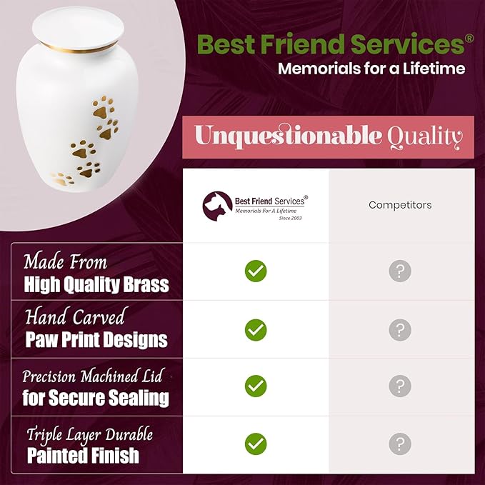 Ottillie Paws Legacy Series Pet Urn for Dogs, Handmade Brass Memorial Cremation Urn (X-Large - Pets up to 170 lbs, Cloud White Vertical Brass Paws)