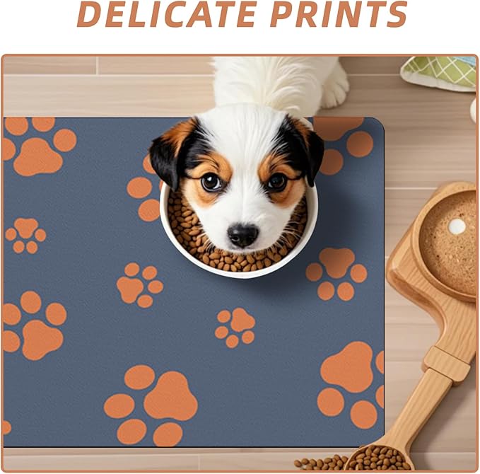 12"×20" Dog Food Mat-Absorbent Mat for Food and Water No Stains Quick Dry Cat Bowl Mat Non Skid Dog Feeding Mat with Footprints for Messy Drinkers Blue