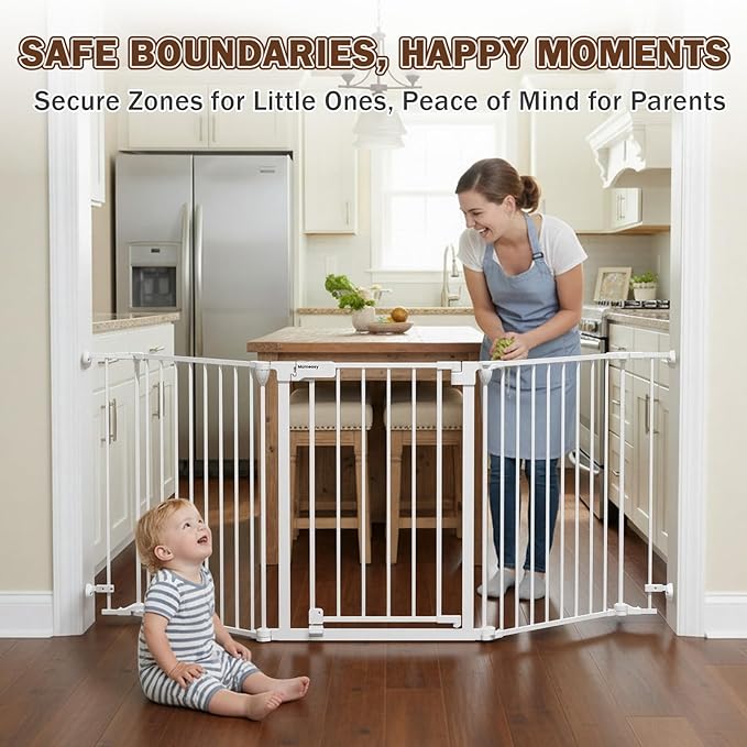 Mumeasy 126" Extra Wide Baby Gate for Doorways, Stairs & Fireplace, Auto Close Safety Dog & Pet Gate with Walk Thru Door, Childproof Fence for Hallway Kitchen House Indoor Outdoor,5 Metal Panels,White
