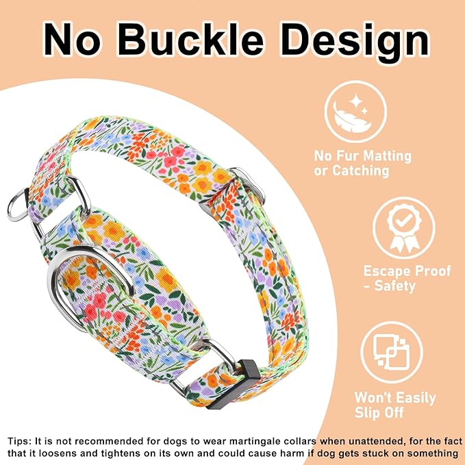 Reflective Martingale Collar for Dogs Nylon Training Collar with No Buckle Cute Floral No Pull Dog Collar for Large Dogs（Yellow Flower，L）