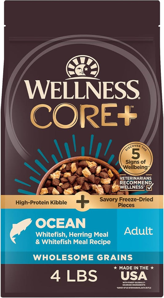 Wellness CORE+ Dry Dog Food with Freeze Dried Pieces, Wholesome Grains, High Protein, Natural, Ocean Whitefish & Herring Recipe, (4-Pound Bag)
