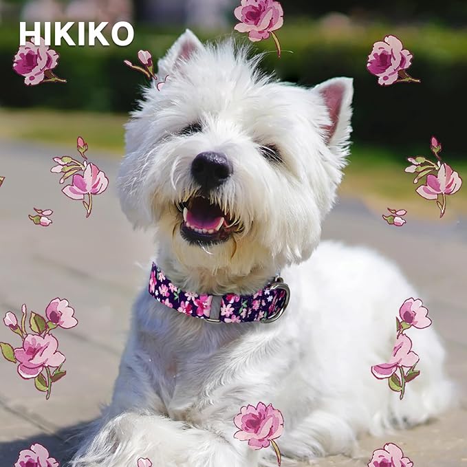 Hikiko Martingale Collar for Dogs with No Buckle Purple Floral Female Dog Collar Cute Girl Dog Collars for Medium Dogs,Japanese Purple,M