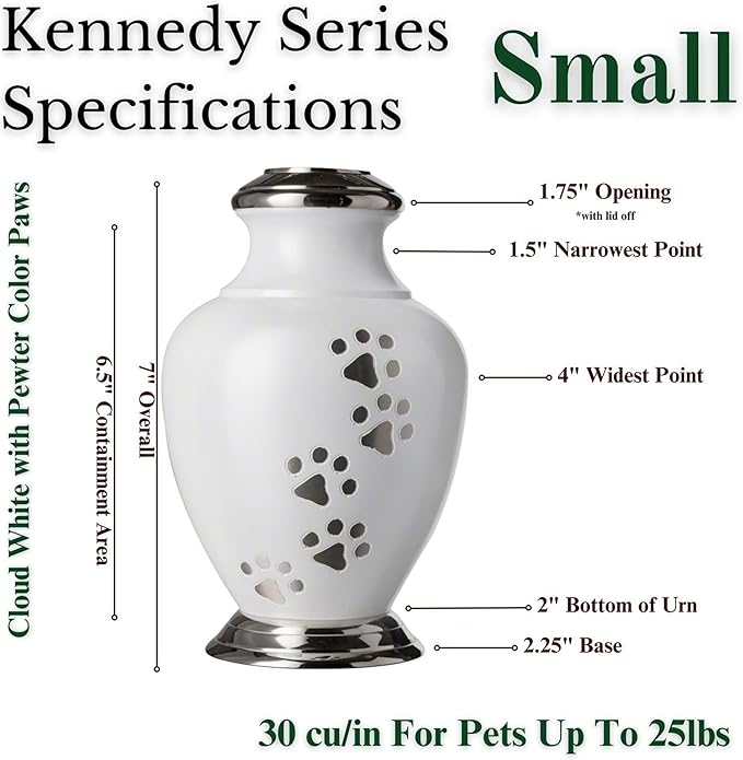 Kennedy Paws Series Pet Urn for Dogs and Cats, Handmade Aluminum Memorial Cremation Urn (Small - Pets up to 25 lbs, Cloud White)