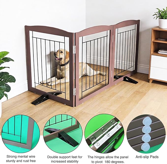 Dog Fence Indoor,Dog Gate Indoor for Doorway pet gate -3-Panel Freestanding, Hallways, House or Stairs -60x24-Inch Retractable Foldable Expandable Wood Pet by SFJC (Brown) ﻿