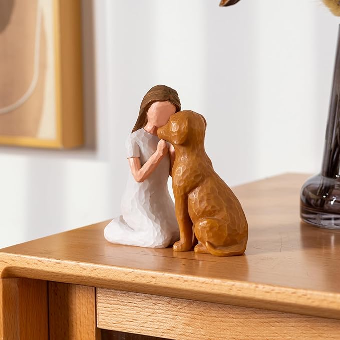 Pet Memorial Figurine for Dog Lovers, Hand-Painted Brown Dog Statue, Girl and Pet Keepsake, Friendship Remembrance Gift, Sympathy Memorial for Loss of Beloved Pet（Brown）
