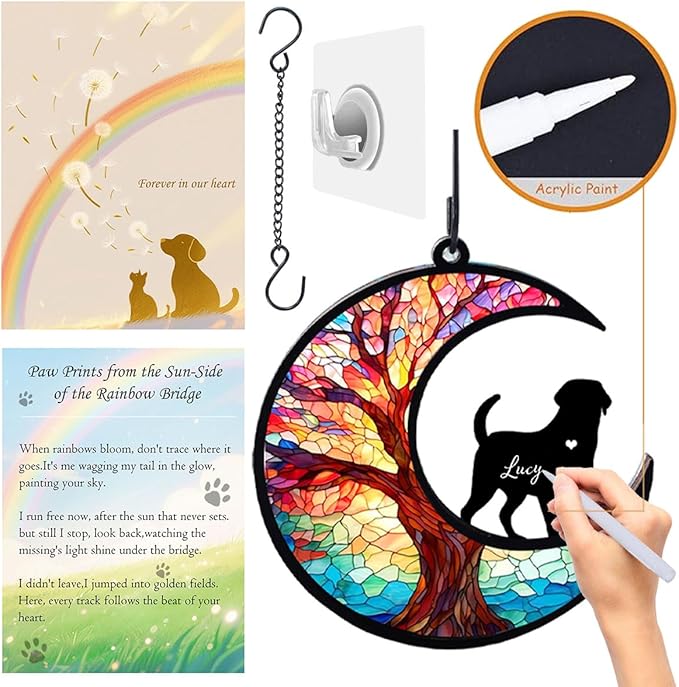 Dog Angel Memorial Suncatcher with Rainbow Bridge Poem Card, Pet Sympathy Gifts for Loss of Dogs and Cats, Life Tree and Dog