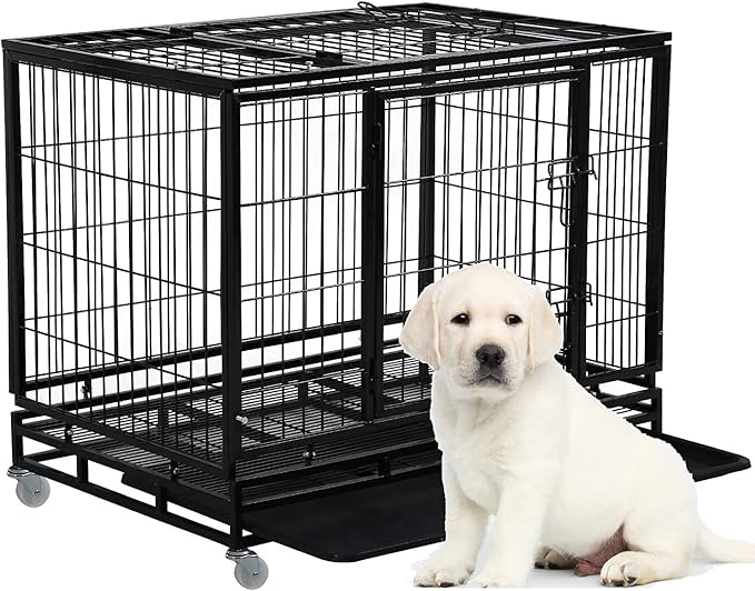 HGS 36-in Dog Crate Metal Dog Cage Heavy Duty Kennel for Large Dogs Pet Playpen for Training, Indoor Outdoor Dog Crate with Lockable Wheels, 2 Doors and Removable Tray, Black
