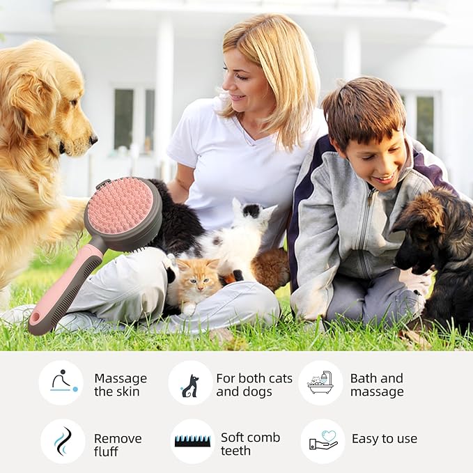 Pink Retractable Self-Cleaning Dog Bath Brush Double-Sided Dog Shedding Brush Long&Short Pin Cat Deshedding Brush Pet Grooming Tool for Dogs and Cats Remove Loose Hair Mats Knots Tangles