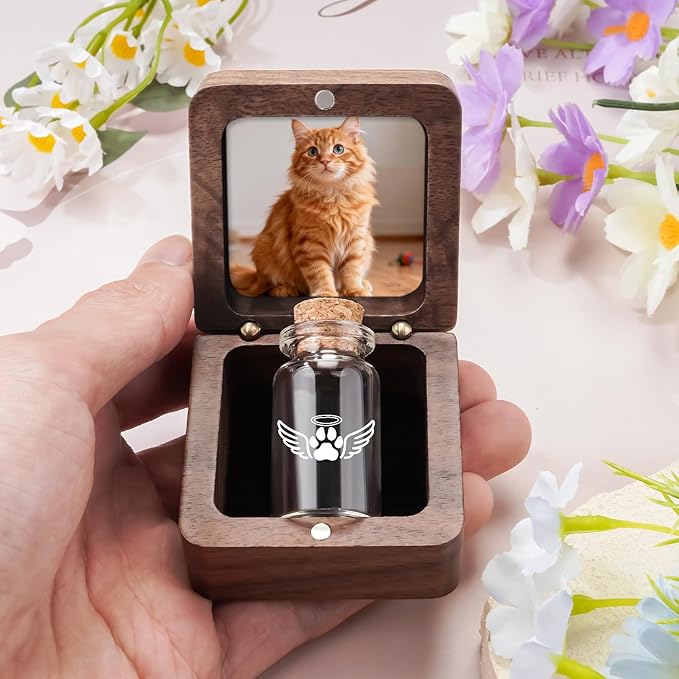 SOITIS Engraving Small Pet for Dogs Cats Urns for Ashes Wooden Box, Small Glass Urn for Pets Ashes Keepsake, Pet Urns for Ash Customized Funeral Keepsake Urn for Dog Ashes