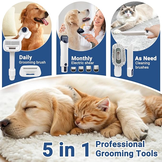 Pet Grooming Kit - Vacuum with 3 Suction Modes, 4 Brush Attachments, 2.5L Dust Cup for Dog/Cat Shedding, Hair Removal and Grooming (Gift Set)