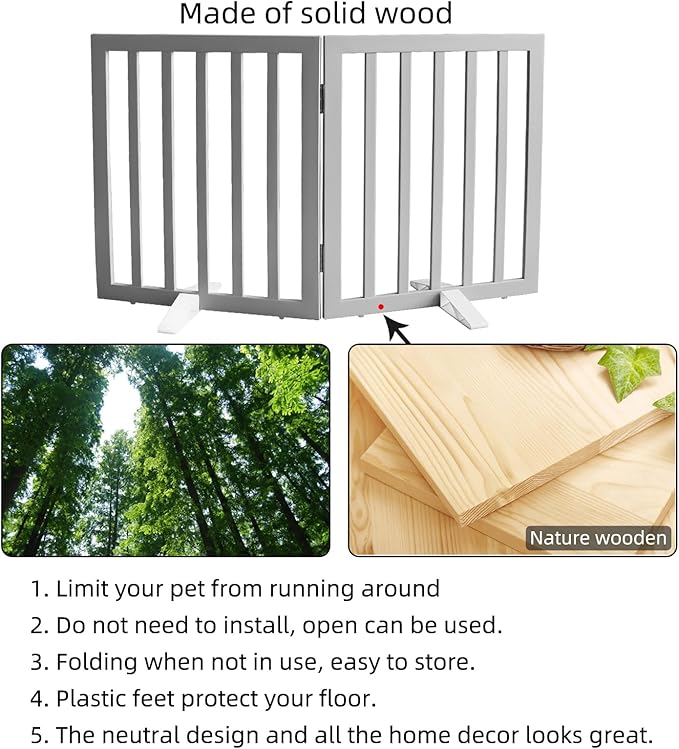 Dog Gate Indoor, Freestanding Dog Fence for The House, Doorways, Hallways,or Stairs,Pet Gate Foldable Wooden,Expandable 24" Height 2 Panels,Grey