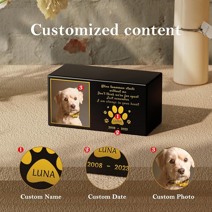 Bemaystar Custom Pet Urns for Dogs Ashes Small - Personalized Pet Memorial Box with Photo, Pet Cremation Urn Box, Wood Keepsake Urn for Pet Cremation, Sympathy Gift for a Pet Weight of Up to 50 lbs